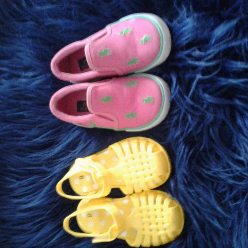 2 pairs of Girls shoes,  Polo Sneakers and Unknown rubber Sandals